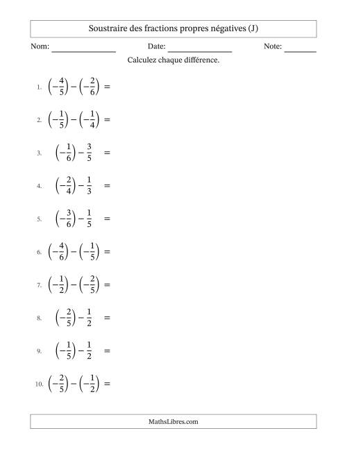 Soustraire des fractions propres négatives avec dénominateurs différents jusqu'aux sixièmes, résultats sous fractions propres et quelque simplification (J)