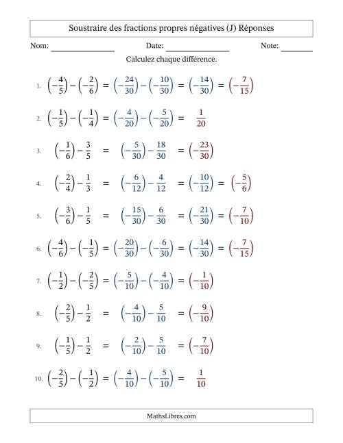 Soustraire des fractions propres négatives avec dénominateurs différents jusqu'aux sixièmes, résultats sous fractions propres et quelque simplification (J) page 2