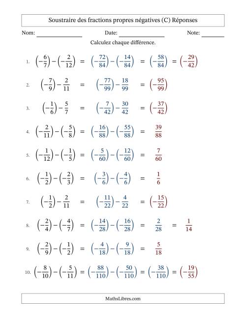 Soustraire des fractions propres négatives avec dénominateurs différents jusqu'aux douzièmes, résultats sous fractions propres et quelque simplification (C) page 2