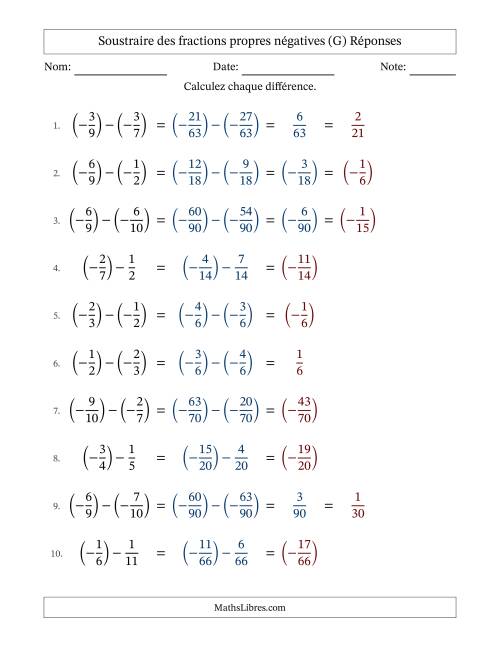 Soustraire des fractions propres négatives avec dénominateurs différents jusqu'aux douzièmes, résultats sous fractions propres et quelque simplification (G) page 2