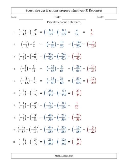 Soustraire des fractions propres négatives avec dénominateurs différents jusqu'aux douzièmes, résultats sous fractions propres et quelque simplification (J) page 2