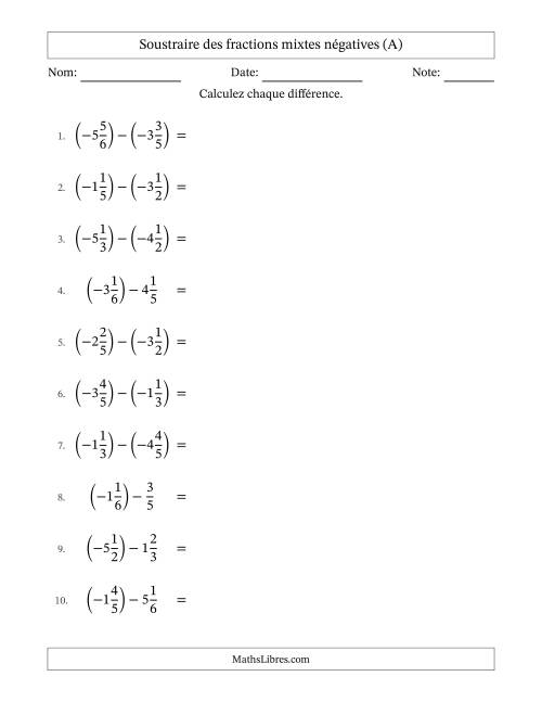 Soustraire des fractions mixtes négatives avec dénominateurs différents jusqu'aux sixièmes, résultats sous fractions mixtes et sans simplification (A)