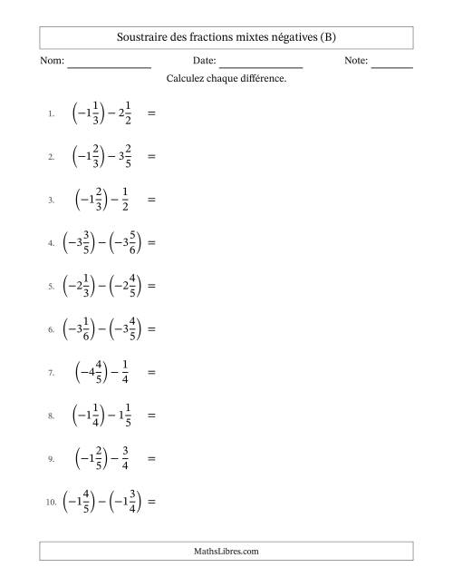 Soustraire des fractions mixtes négatives avec dénominateurs différents jusqu'aux sixièmes, résultats sous fractions mixtes et sans simplification (B)
