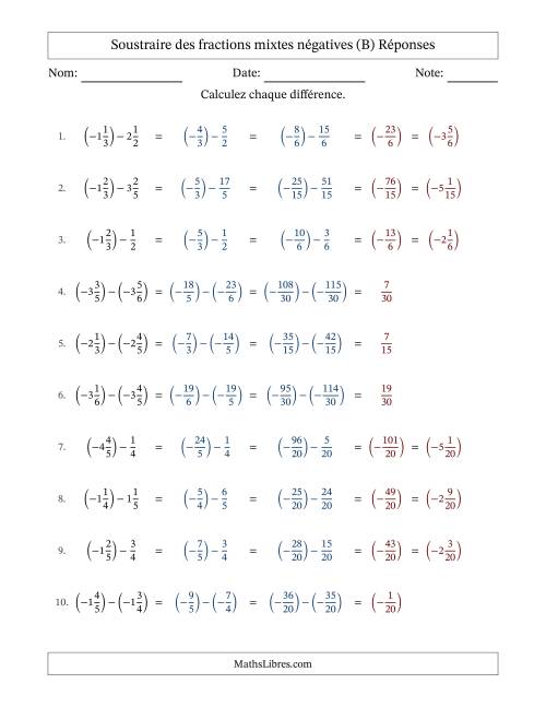 Soustraire des fractions mixtes négatives avec dénominateurs différents jusqu'aux sixièmes, résultats sous fractions mixtes et sans simplification (B) page 2