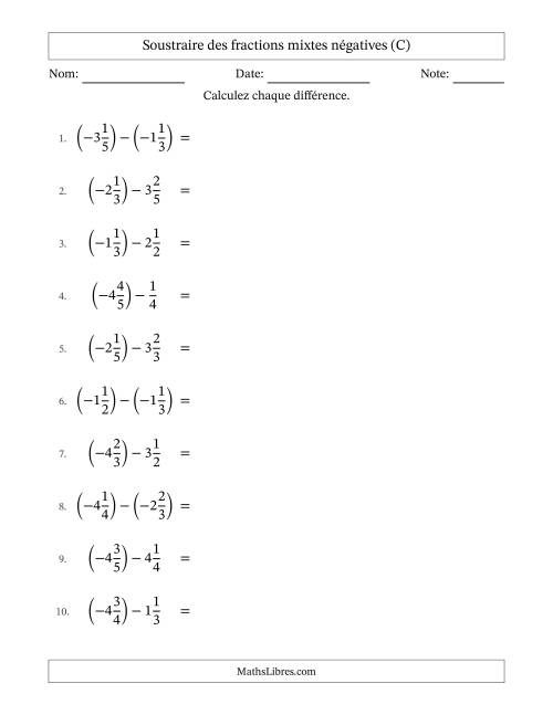 Soustraire des fractions mixtes négatives avec dénominateurs différents jusqu'aux sixièmes, résultats sous fractions mixtes et sans simplification (C)