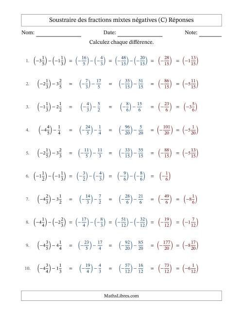 Soustraire des fractions mixtes négatives avec dénominateurs différents jusqu'aux sixièmes, résultats sous fractions mixtes et sans simplification (C) page 2