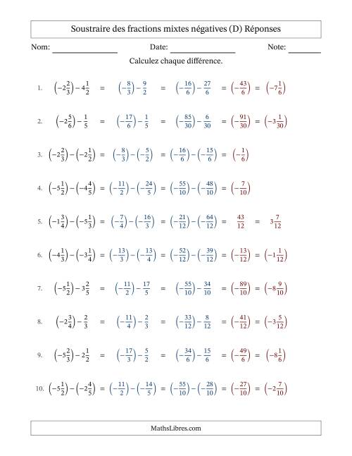 Soustraire des fractions mixtes négatives avec dénominateurs différents jusqu'aux sixièmes, résultats sous fractions mixtes et sans simplification (D) page 2
