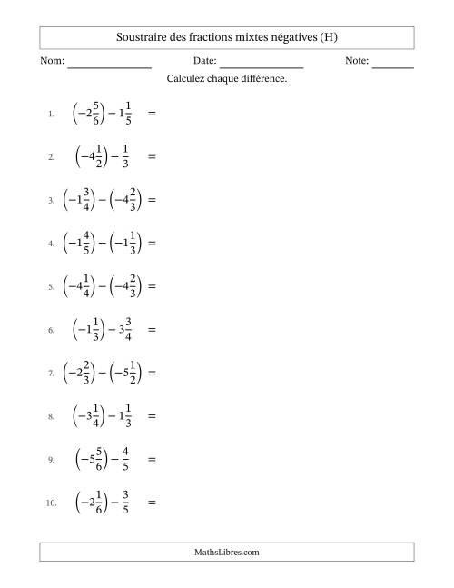 Soustraire des fractions mixtes négatives avec dénominateurs différents jusqu'aux sixièmes, résultats sous fractions mixtes et sans simplification (H)