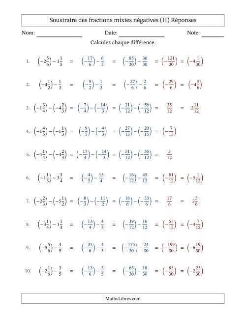 Soustraire des fractions mixtes négatives avec dénominateurs différents jusqu'aux sixièmes, résultats sous fractions mixtes et sans simplification (H) page 2