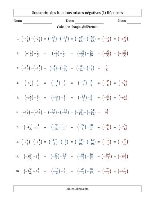 Soustraire des fractions mixtes négatives avec dénominateurs différents jusqu'aux sixièmes, résultats sous fractions mixtes et sans simplification (I) page 2