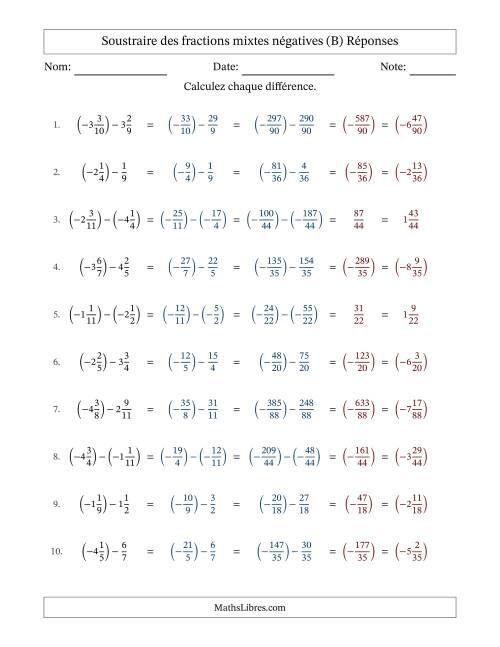 Soustraire des fractions mixtes négatives avec dénominateurs différents jusqu'aux douzièmes, résultats sous fractions mixtes et sans simplification (B) page 2