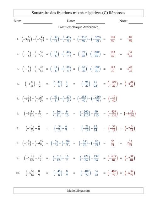 Soustraire des fractions mixtes négatives avec dénominateurs différents jusqu'aux douzièmes, résultats sous fractions mixtes et sans simplification (C) page 2