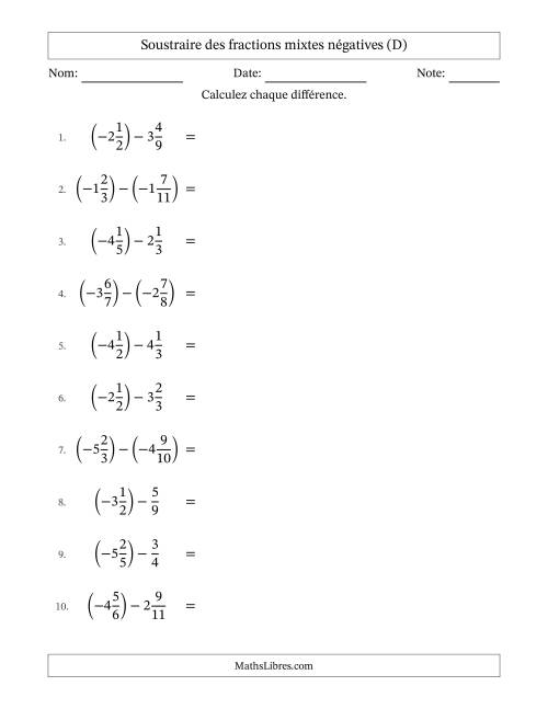 Soustraire des fractions mixtes négatives avec dénominateurs différents jusqu'aux douzièmes, résultats sous fractions mixtes et sans simplification (D)