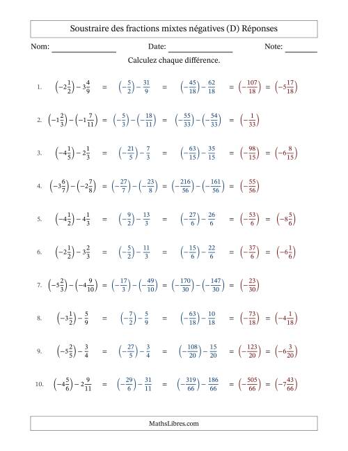 Soustraire des fractions mixtes négatives avec dénominateurs différents jusqu'aux douzièmes, résultats sous fractions mixtes et sans simplification (D) page 2
