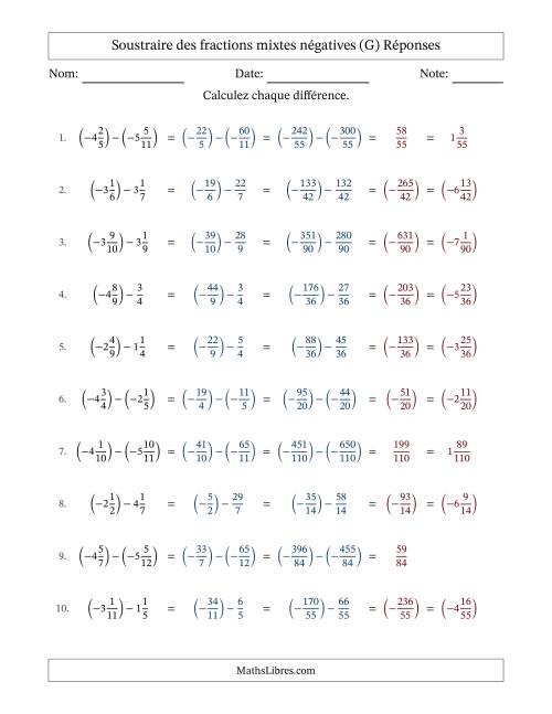 Soustraire des fractions mixtes négatives avec dénominateurs différents jusqu'aux douzièmes, résultats sous fractions mixtes et sans simplification (G) page 2