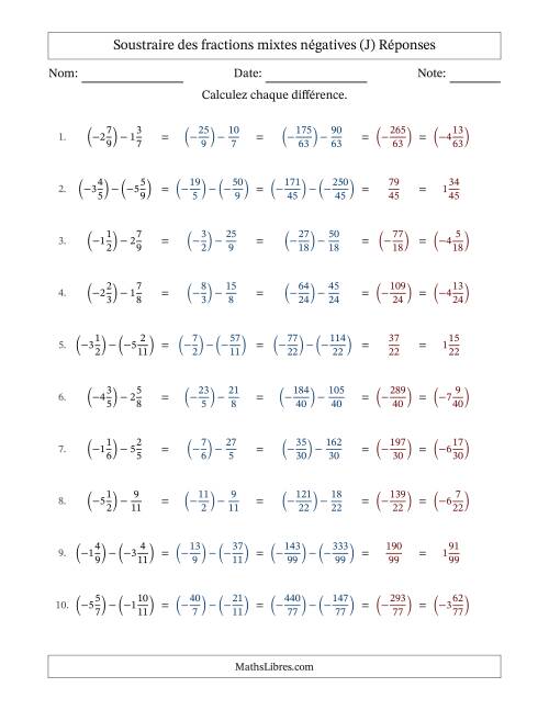 Soustraire des fractions mixtes négatives avec dénominateurs différents jusqu'aux douzièmes, résultats sous fractions mixtes et sans simplification (J) page 2