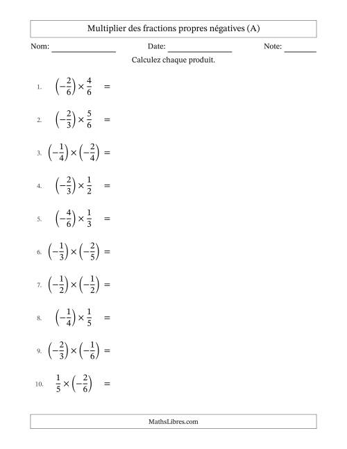Multiplier des fractions propres négatives avec dénominateurs différents jusqu'aux sixièmes, résultats sous fractions propres et quelque simplification (A)