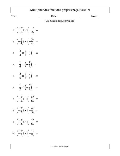Multiplier des fractions propres négatives avec dénominateurs différents jusqu'aux sixièmes, résultats sous fractions propres et quelque simplification (D)