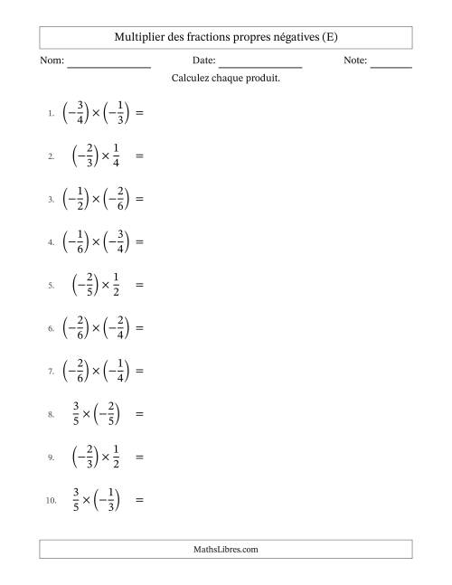 Multiplier des fractions propres négatives avec dénominateurs différents jusqu'aux sixièmes, résultats sous fractions propres et quelque simplification (E)