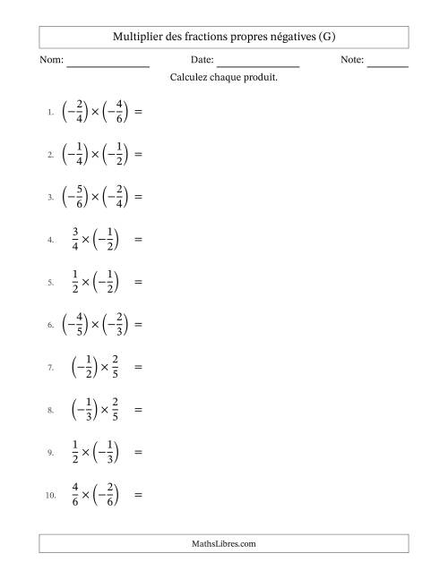 Multiplier des fractions propres négatives avec dénominateurs différents jusqu'aux sixièmes, résultats sous fractions propres et quelque simplification (G)