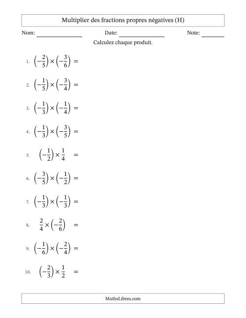 Multiplier des fractions propres négatives avec dénominateurs différents jusqu'aux sixièmes, résultats sous fractions propres et quelque simplification (H)