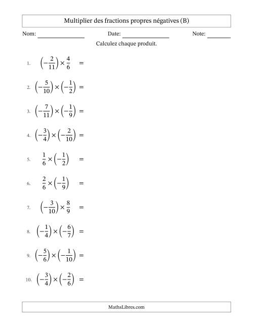 Multiplier des fractions propres négatives avec dénominateurs différents jusqu'aux douzièmes, résultats sous fractions propres et quelque simplification (B)