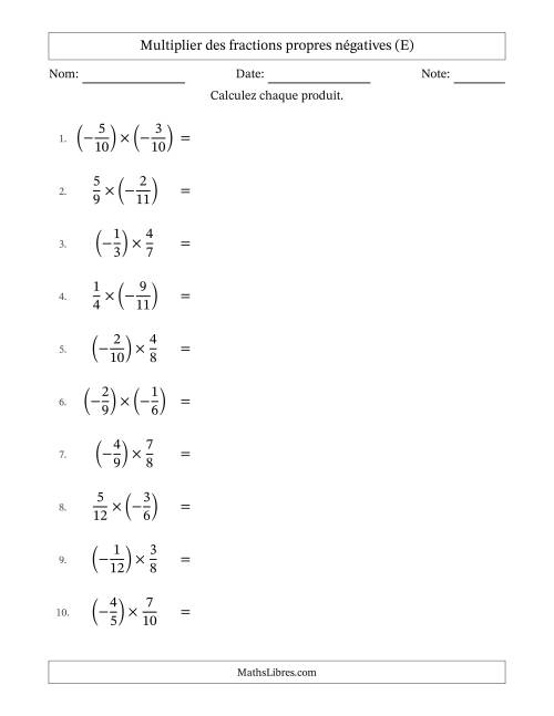Multiplier des fractions propres négatives avec dénominateurs différents jusqu'aux douzièmes, résultats sous fractions propres et quelque simplification (E)