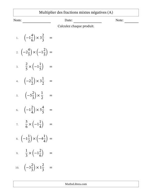 Multiplier des fractions mixtes négatives avec dénominateurs différents jusqu'aux sixièmes, résultats sous fractions mixtes et sans simplification (A)