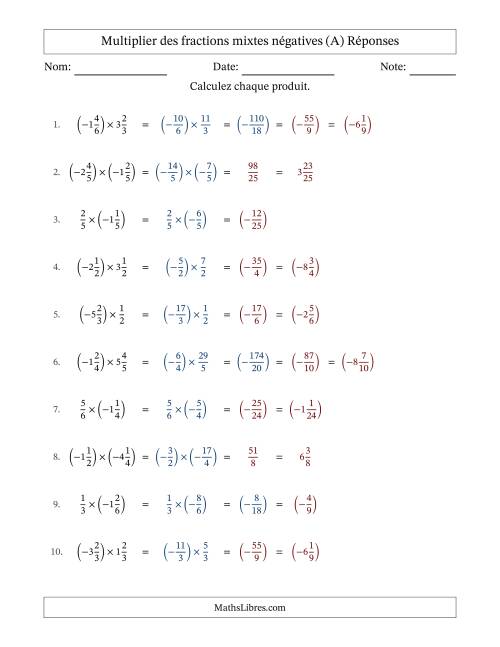 Multiplier des fractions mixtes négatives avec dénominateurs différents jusqu'aux sixièmes, résultats sous fractions mixtes et sans simplification (A) page 2