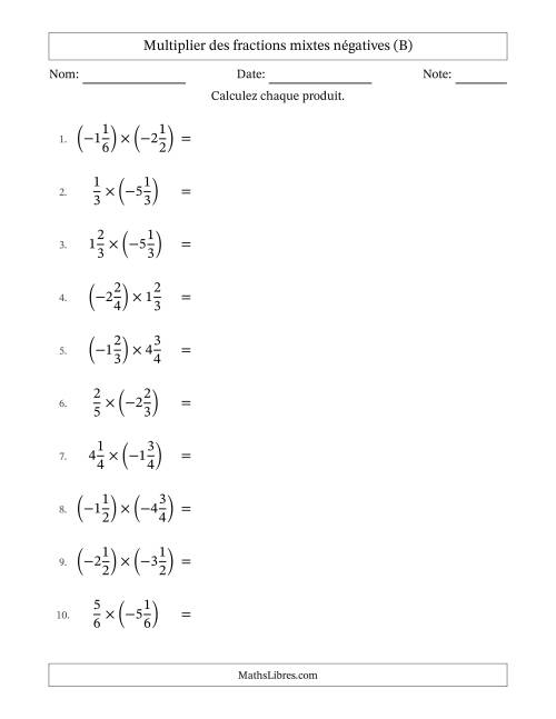Multiplier des fractions mixtes négatives avec dénominateurs différents jusqu'aux sixièmes, résultats sous fractions mixtes et sans simplification (B)