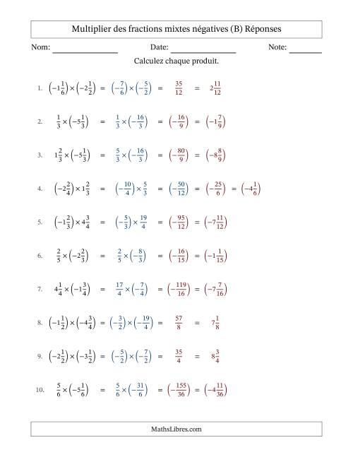 Multiplier des fractions mixtes négatives avec dénominateurs différents jusqu'aux sixièmes, résultats sous fractions mixtes et sans simplification (B) page 2