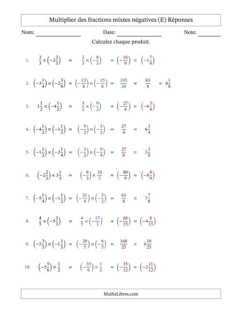 Multiplier des fractions mixtes négatives avec dénominateurs différents jusqu'aux sixièmes, résultats sous fractions mixtes et sans simplification (E) page 2