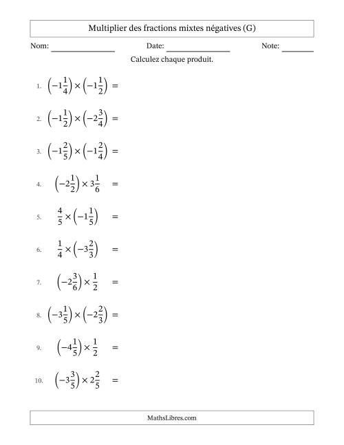 Multiplier des fractions mixtes négatives avec dénominateurs différents jusqu'aux sixièmes, résultats sous fractions mixtes et sans simplification (G)
