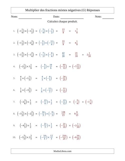 Multiplier des fractions mixtes négatives avec dénominateurs différents jusqu'aux sixièmes, résultats sous fractions mixtes et sans simplification (G) page 2