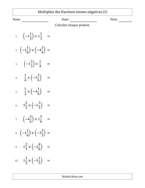 Multiplier des fractions mixtes négatives avec dénominateurs différents jusqu'aux sixièmes, résultats sous fractions mixtes et sans simplification (J)