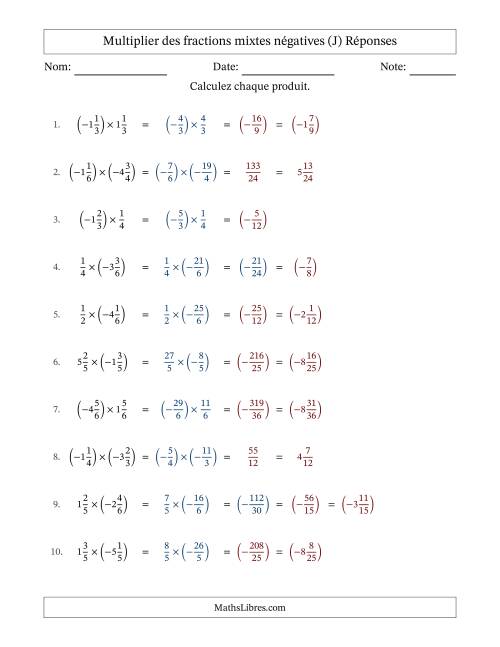 Multiplier des fractions mixtes négatives avec dénominateurs différents jusqu'aux sixièmes, résultats sous fractions mixtes et sans simplification (J) page 2