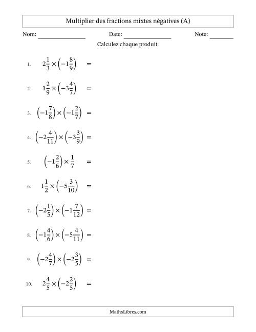 Multiplier des fractions mixtes négatives avec dénominateurs différents jusqu'aux douzièmes, résultats sous fractions mixtes et sans simplification (A)