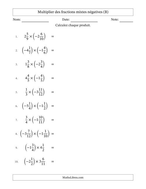 Multiplier des fractions mixtes négatives avec dénominateurs différents jusqu'aux douzièmes, résultats sous fractions mixtes et sans simplification (B)