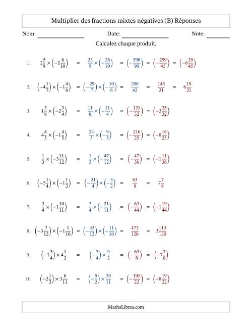 Multiplier des fractions mixtes négatives avec dénominateurs différents jusqu'aux douzièmes, résultats sous fractions mixtes et sans simplification (B) page 2
