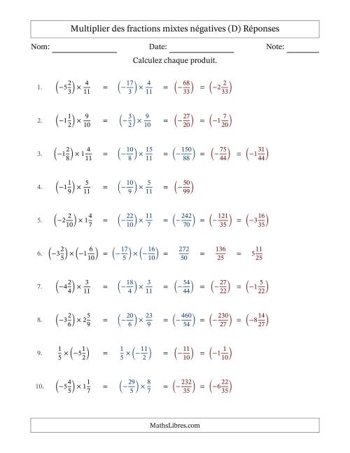 Multiplier des fractions mixtes négatives avec dénominateurs différents jusqu'aux douzièmes, résultats sous fractions mixtes et sans simplification (D) page 2