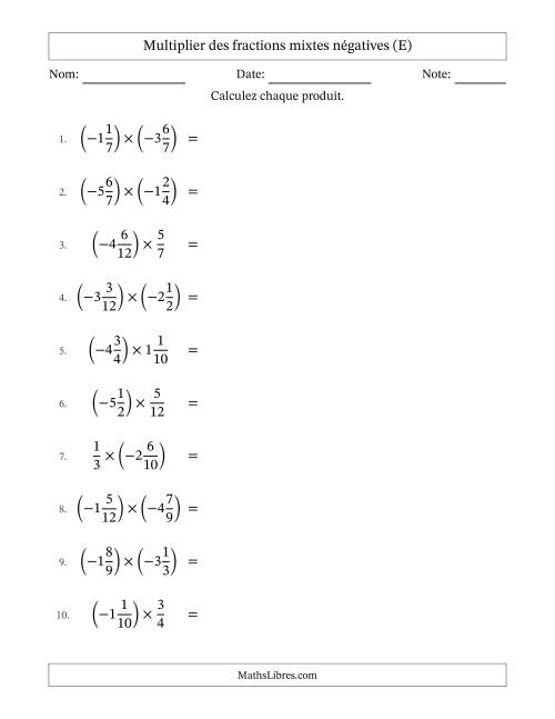 Multiplier des fractions mixtes négatives avec dénominateurs différents jusqu'aux douzièmes, résultats sous fractions mixtes et sans simplification (E)