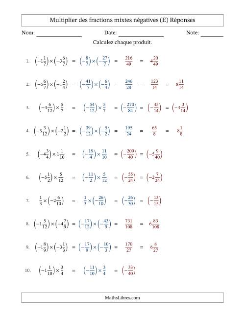 Multiplier des fractions mixtes négatives avec dénominateurs différents jusqu'aux douzièmes, résultats sous fractions mixtes et sans simplification (E) page 2