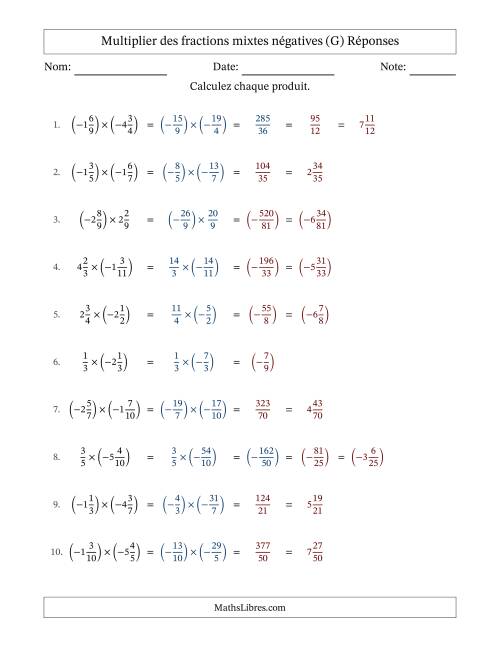Multiplier des fractions mixtes négatives avec dénominateurs différents jusqu'aux douzièmes, résultats sous fractions mixtes et sans simplification (G) page 2
