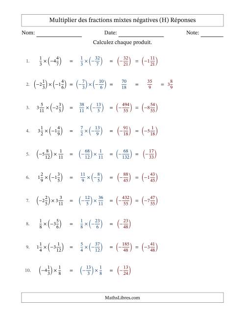 Multiplier des fractions mixtes négatives avec dénominateurs différents jusqu'aux douzièmes, résultats sous fractions mixtes et sans simplification (H) page 2