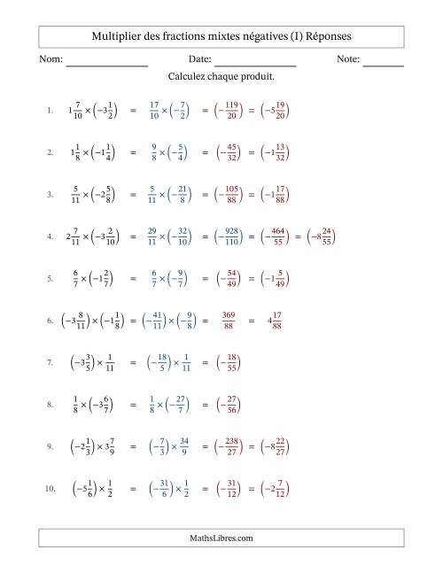 Multiplier des fractions mixtes négatives avec dénominateurs différents jusqu'aux douzièmes, résultats sous fractions mixtes et sans simplification (I) page 2