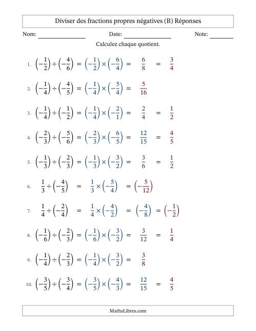Diviser des fractions propres négatives avec dénominateurs différents jusqu'aux sixièmes, résultats sous fractions propres et quelque simplification (B) page 2