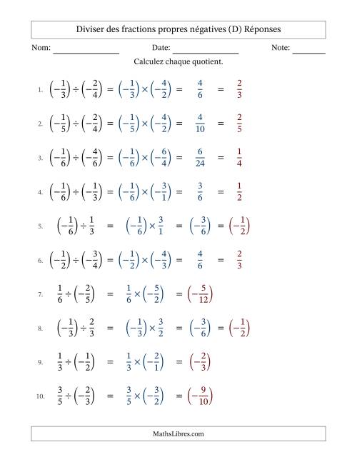 Diviser des fractions propres négatives avec dénominateurs différents jusqu'aux sixièmes, résultats sous fractions propres et quelque simplification (D) page 2