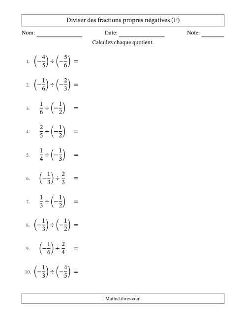 Diviser des fractions propres négatives avec dénominateurs différents jusqu'aux sixièmes, résultats sous fractions propres et quelque simplification (F)