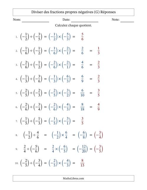 Diviser des fractions propres négatives avec dénominateurs différents jusqu'aux sixièmes, résultats sous fractions propres et quelque simplification (G) page 2