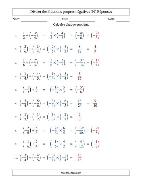 Diviser des fractions propres négatives avec dénominateurs différents jusqu'aux sixièmes, résultats sous fractions propres et quelque simplification (H) page 2